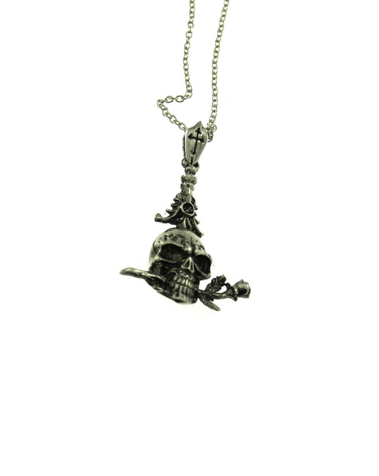 Skull Biting Rose on Chain Necklace