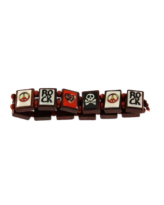 Brown Skull, ROCK, CND & Heart Wooden Bracelet