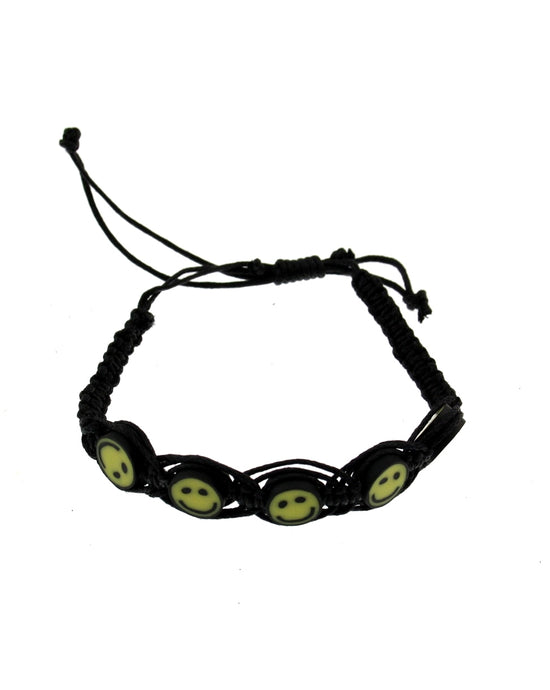 Smiley Face on Black Plaited Reconstructed Leather Bracelet