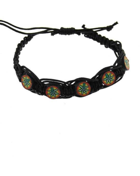 Pot Leaf on Black Plaited Leather Bracelet