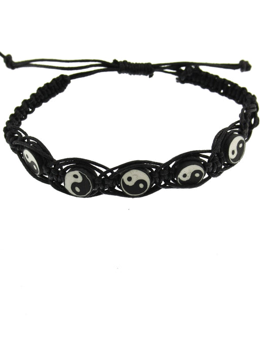 Yin Yang on Black Plaited Reconstructed Leather Bracelet