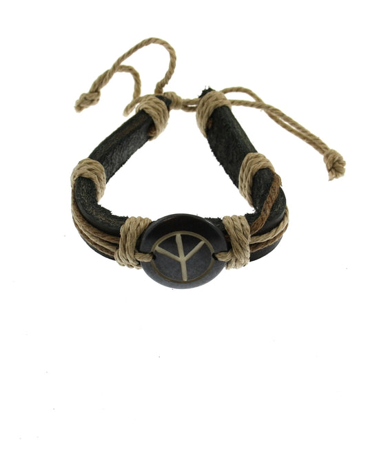 Peace Sign on Reconstructed Leather Bracelet with String