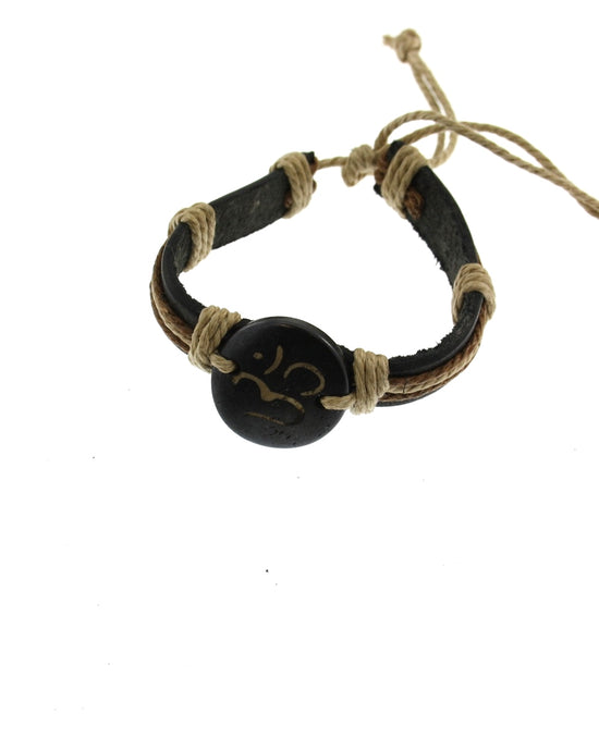 Om Sign on Reconstructed Leather Bracelet with String