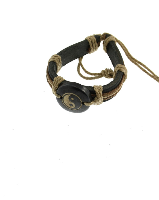 Yin Yang Sign on Reconstructed Leather Bracelet with String