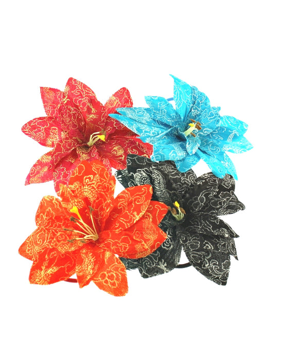 Assorted Chinese Pattern Lilies Flower on Elastic Hair Bands