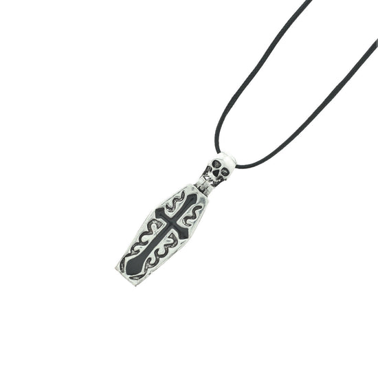 Skeleton Inside Coffin with Cross &amp; Skull Thong Necklace