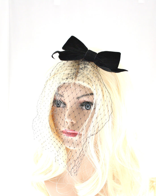 Black Velvet Bow on Barrette with Mesh Net