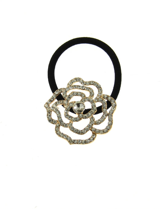 Stone Crystal Flower on Black Hair Elastic