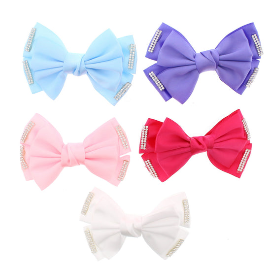 Pastel Satin Double Bow Clips with Stone Attachments