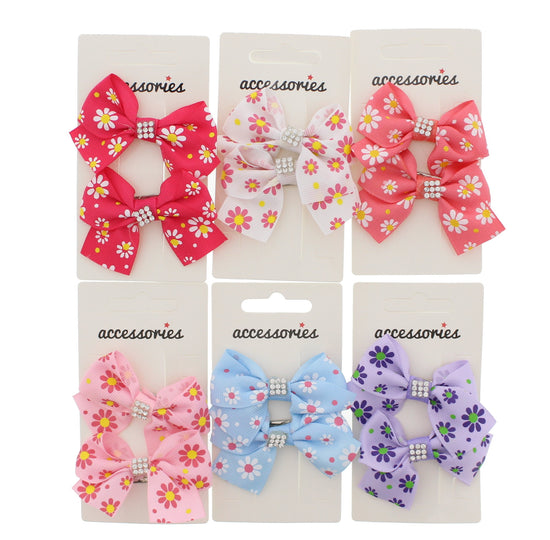 Pair of Flower Patterned Mini Bow Clips with Stones