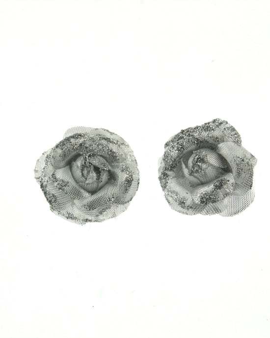 2 on a Card Small Silver Glitter Rose Flowers on Concord Hair Clip