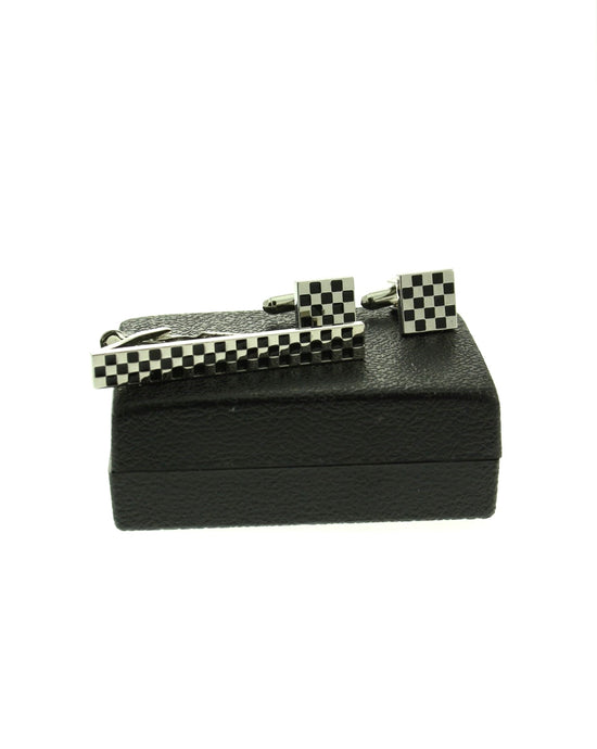 Black & Silver Checkered Tie Clip & Cufflink Set