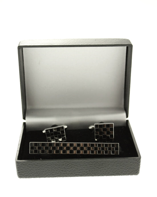 Black & Silver Checkered Tie Clip & Cufflink Set