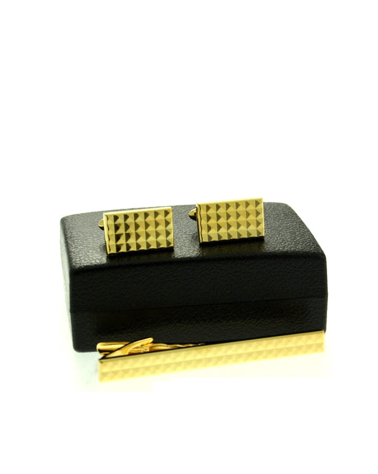 Gold Checkered Pyramid Tie Clip & Cufflink Set