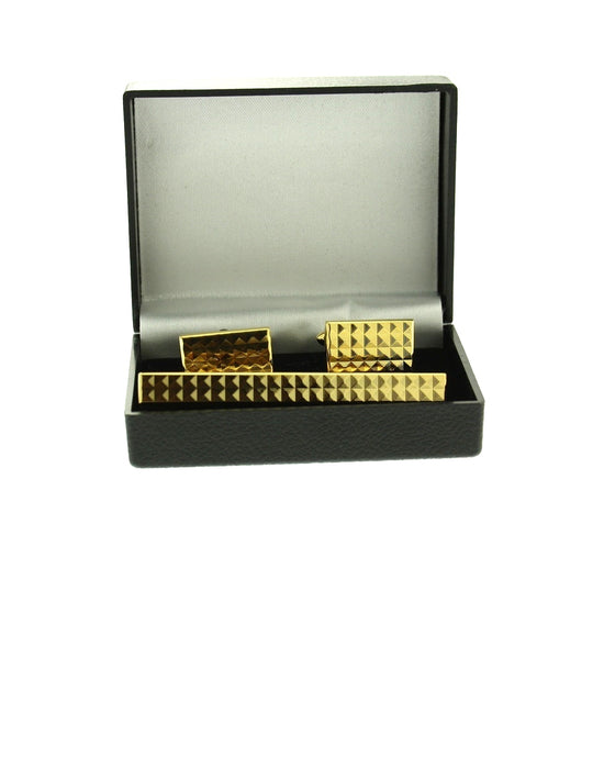Gold Checkered Pyramid Tie Clip & Cufflink Set