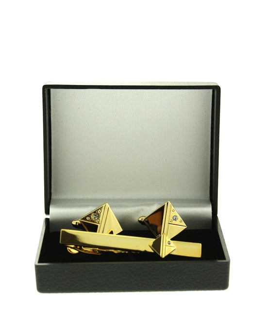 Gold Coloured Tie Clip & Cufflink Set with Stone