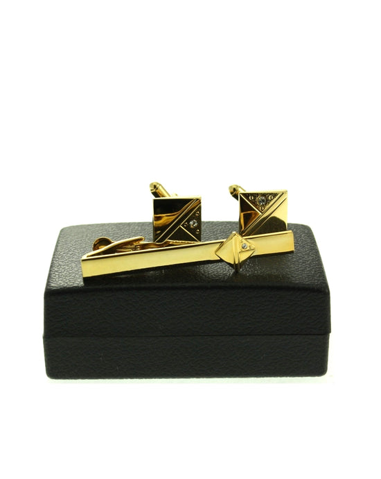 Gold Coloured Tie Clip & Cufflink Set with Stone