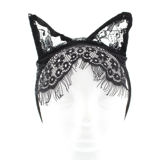 Black Lace Bunny Ears Headband with Veil