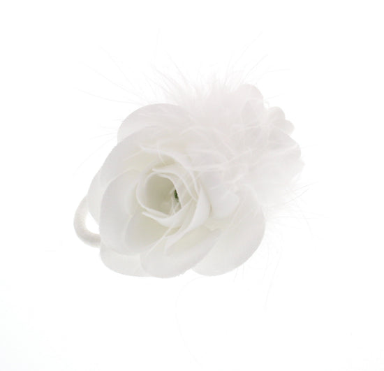 White Double Mini-Rose Hair Elastic with Feathers