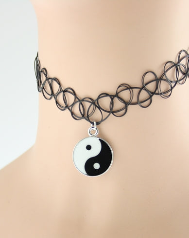 Black Tattoo Necklace with Ying Yang Pendant