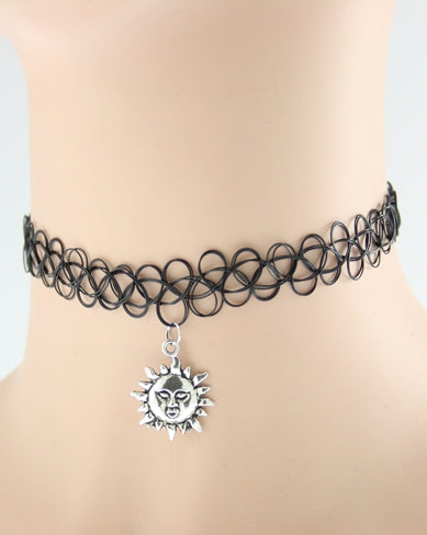 Black Tattoo Necklace with Sun Pendant