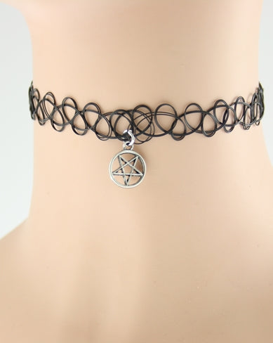Black Tattoo Necklace with Pentagram Pendant