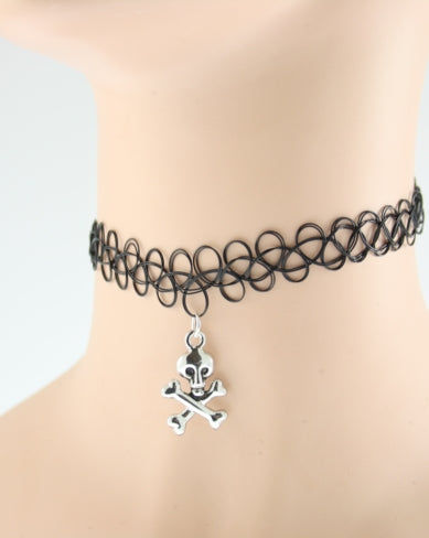 Black Tattoo Necklace with skull and crossbones pendant