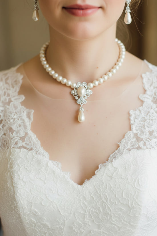 Set - Pearl Necklace with Clear Stones & Earrings