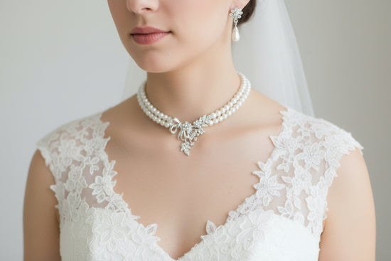 Set - 2 Strand Pearl Necklace with Clear Stones & Earrings