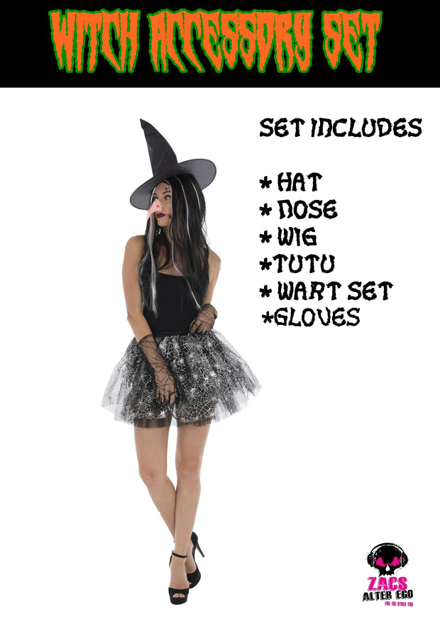 5 Piece Witch Set - Includes Wig, Hat, Nose, Cobweb Tutu & Cobweb Gloves