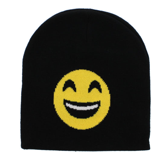 Smiley Face Emoji on Soft Black Beanie Hat