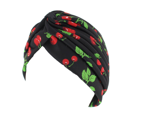 Black Turban with Cherry Print